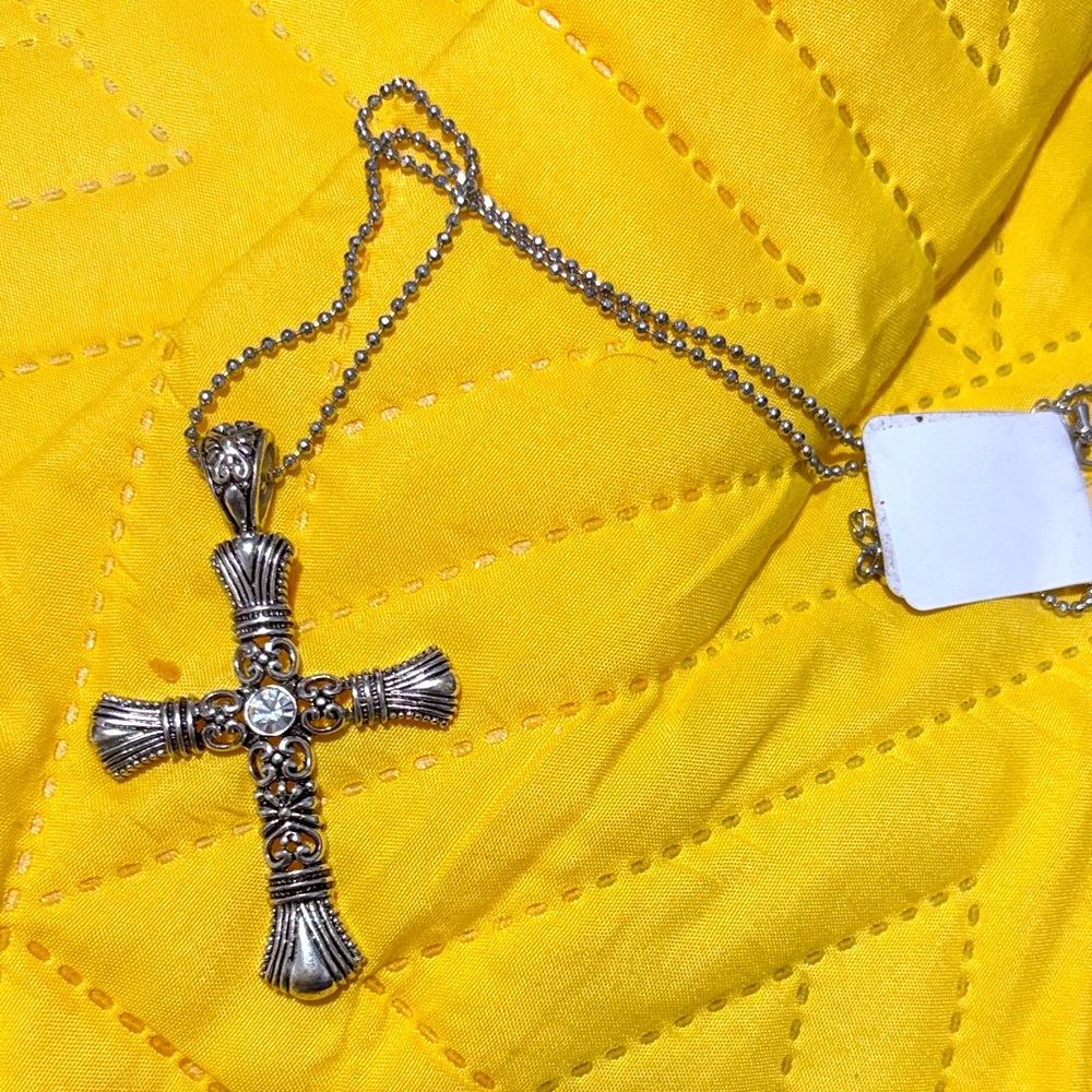 Ornate Silver Cross Pendant Necklace - Silver